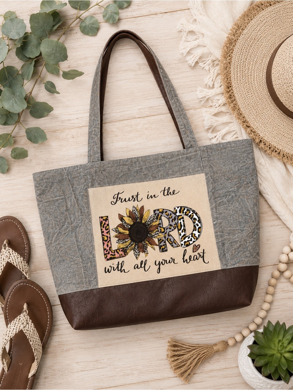 Handmade Trust in the Lord Large Tote & Zipper Pouch Set Christian Faith Bag